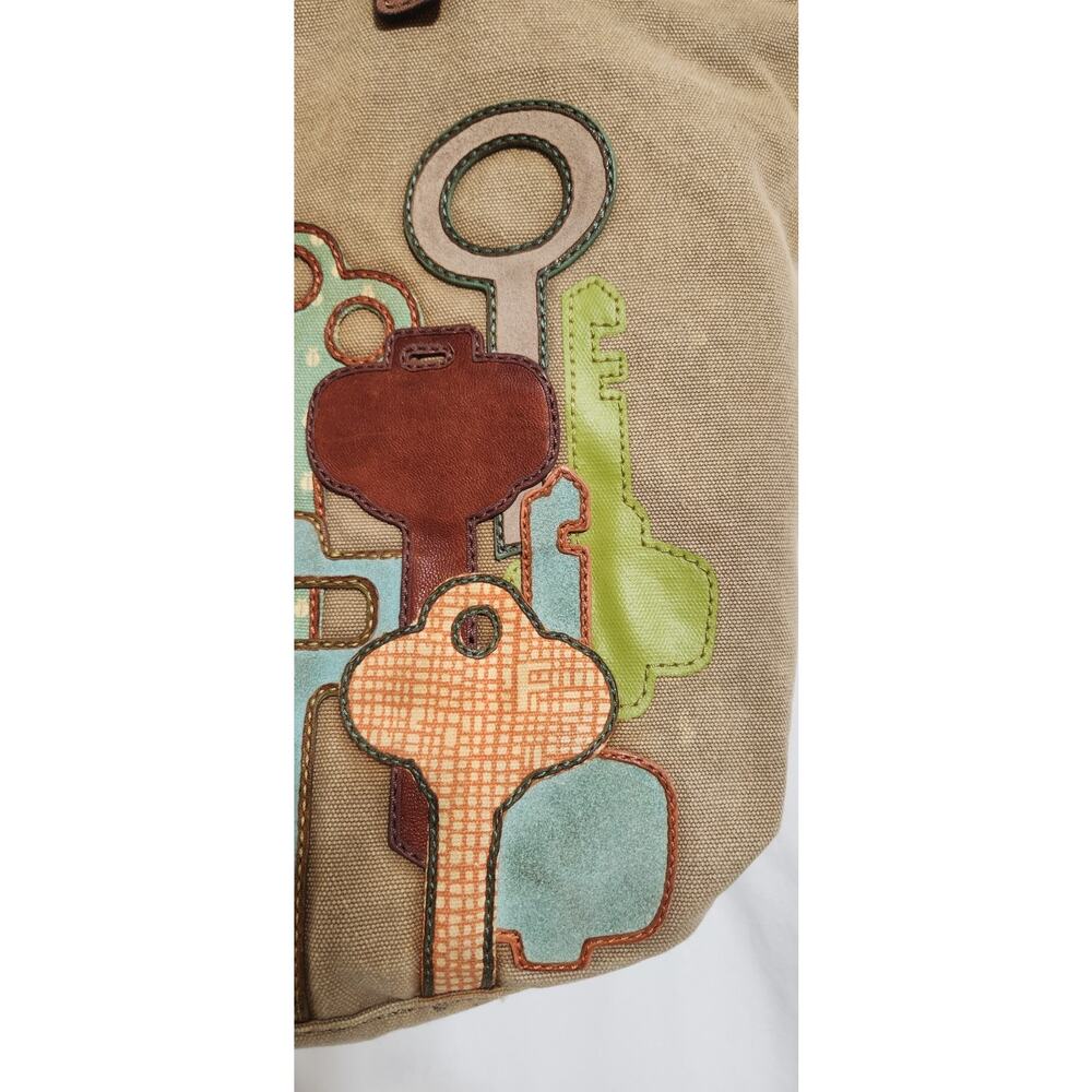 FOSSIL Large Jules Key Tote Tan Canvas Leather Handles Brass Key Tassel - Picture 12 of 13